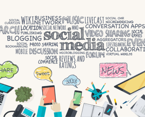 Immagine generica sui social con tag cloud e dispositivi